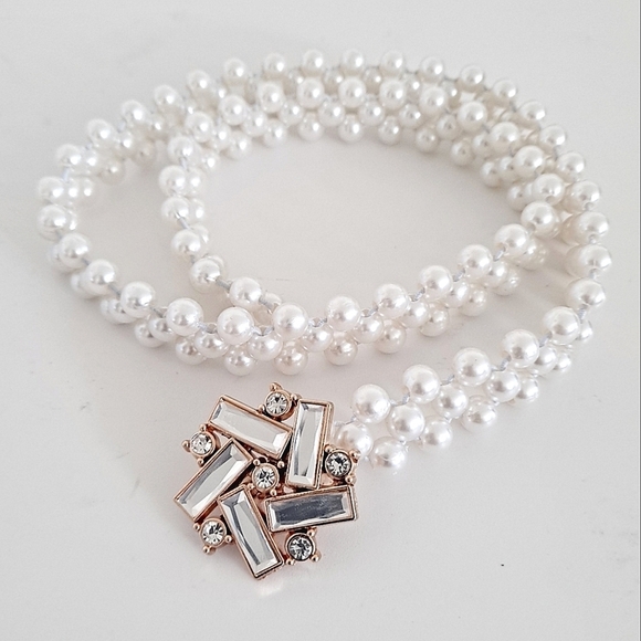 Faux white pearl beaded rhinestone wedding elastic stretch waist statement belt - Picture 4 of 7